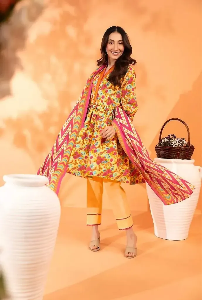 3 Pice Women's Unstitched Dhanak Printed Suit